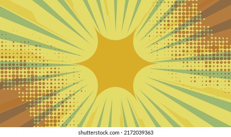A vibrant comic-style background with a yellow starburst center, green and yellow radial rays, and dotted halftone patterns creating a dynamic, energetic explosion effect