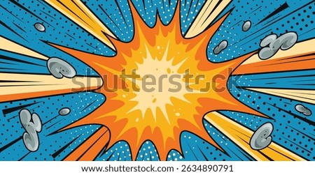 A vibrant comic-style explosion fills the background with energetic colors and dramatic lines. Bright orange and yellow rays radiate outward against a blue backdrop conveying action and intensity.