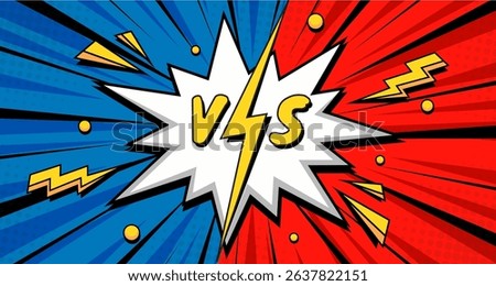 A vibrant comic-style "vs" background with bold red and blue color contrast, lightning bolts, and explosive effects. Perfect for illustrating competition, conflict