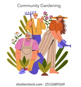 A vibrant community gardening scene that beautifully showcases teamwork, collaboration, and the joy of cultivation