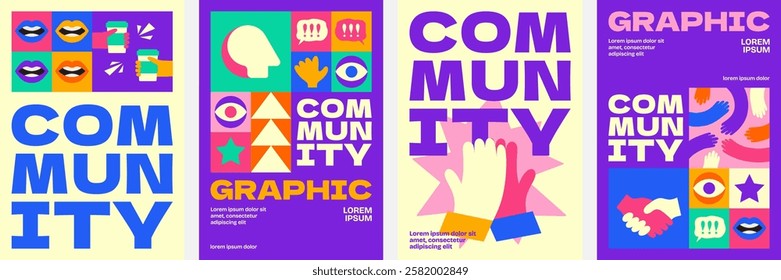 Vibrant community poster collection with bold typography, geometric shapes, synergy elements, and playful color blocks for a modern social design.