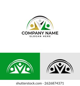 Vibrant community or teamwork logo. Features stylized figures with raised arms, Represents unity, collaboration, support, and positive energy within a group.