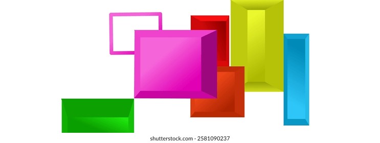 A vibrant composition of 3D rectangles in various colors and sizes against a clean white background. The overlapping shapes create a sense of depth and dimension.