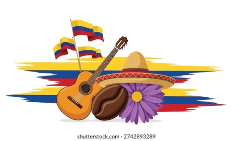 Vibrant composition of Colombian flags, an acoustic guitar, a sombrero, a coffee bean, and a purple flower on white.