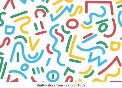 A vibrant composition of curved lines, squiggles, and geometric fragments in red, blue, green, and yellow scattered across a white canvas.