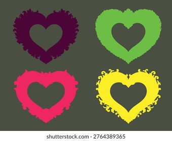 A vibrant composition featuring four stylized heart-shaped frames in purple, green, pink, and yellow, set against a dark, textured backdrop. Ideal for graphic design, celebrations, or expressing love and affection.