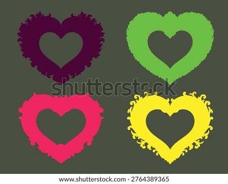 A vibrant composition featuring four stylized heart-shaped frames in purple, green, pink, and yellow, set against a dark, textured backdrop. Ideal for graphic design, celebrations, or expressing love and affection.