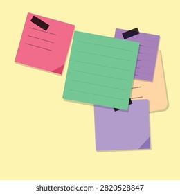 A vibrant composition featuring green pink and purple sticky notes arranged with adhesive tape. This illustration is an excellent choice for modern web design productivity blogs and corporate presentations.