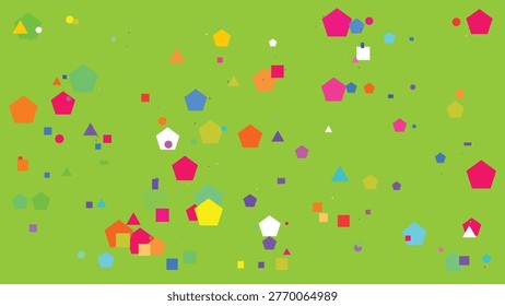 A vibrant composition featuring various multicolored geometric shapes dispersed across a bright, uniform backdrop.