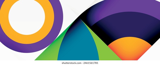 A vibrant composition with a purple and yellow circle featuring a green triangle in the center. The colorfulness, symmetry, and pattern create a captivating art piece
