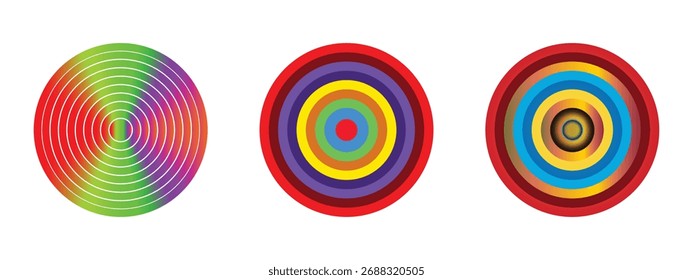 Vibrant Concentric Circles Abstract Background Vector Digital Art Collection and Psychedelic Radial Gradient , Rainbow Target Circle Pattern Set.
