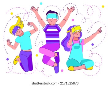 Vibrant concept of Meta universe, Kids Zone. Isolated characters in vr glasses immerse into meta universe, interactive playful space.Future cyber world technology. Used in advertising, kids themed pro