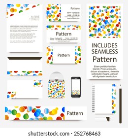 Vibrant confetti cards collection. Includes seamless pattern.