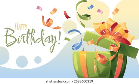Explosión vibrante de confeti de una caja de regalo abierta con un arco sobre un fondo festivo. Ideal para invitaciones de fiesta de cumpleaños, Anuncios en redes sociales y carteles de celebración.