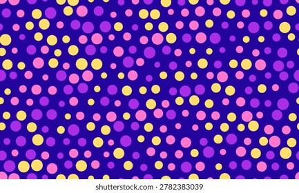 Vibrant confetti pattern with pink, purple, and yellow circles on a deep blue background.  Perfect for celebratory designs, website backgrounds, or playful textures.