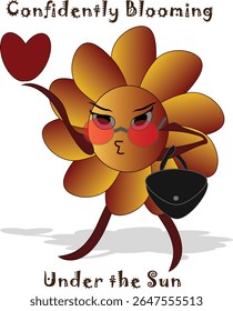 A vibrant, confident flower wearing sunglasses, carrying a handbag, and holding up a heart. 
This summer-themed illustration symbolizes boldness, self-love, and sunny vibes. For Seasonal  greetings