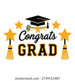 A vibrant 'Congrats Grad' message surrounded by festive elements like a graduation cap, dangling tassels, and shining stars, perfect for celebrating graduation.