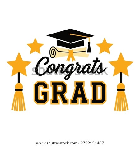 A vibrant 'Congrats Grad' message surrounded by festive elements like a graduation cap, dangling tassels, and shining stars, perfect for celebrating graduation.