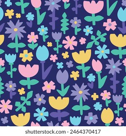 Vibrant contemporary abstract flowers on purple background seamless pattern.