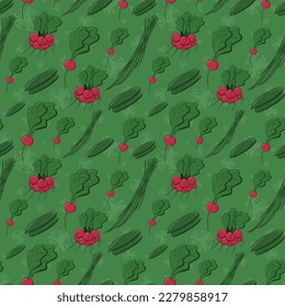 Vibrant contemporary seamless vegan pattern. Cucunmers, radishes, spring onions on the green baclground. Vector flat texture. Perfect for kitchen fabric, paper, cover, wrapping, interior decoration