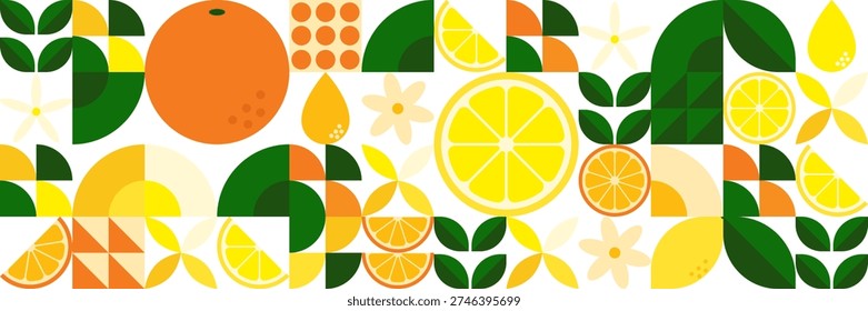 A vibrant and contemporary vector background in neo-geometric Bauhaus style, featuring a mix of oranges, lemons, citrus wedges, and green leaves. Organized in a clean grid with abstract shapes, dots, and blossoms, this high-quality banner is perfect for juice bars, mixed citrus beverage packaging, organic food branding, summer marketing, or stylish kitchen decor.