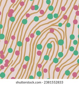 Lebhafter, stetig dekorativer, trendiger Textil-Vektorgrafik. Purple Repeated Fashion Spring Scribble, Nahtloses Design. Gelbes, endloses klassisches, einfaches Dots-Tapete. 
