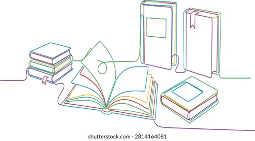 A vibrant continuous line art illustration showcases an array of books for learning and reading