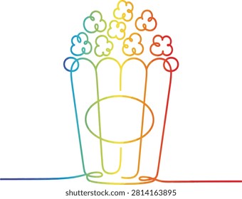 A vibrant continuous line drawing illustrates a bucket of colorful popcorn ready for a fun movie night or festive celebration