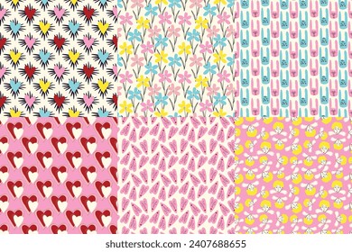 Vibrant and cool funny seamless patterns for Valentine's Day. Seamless pattern with cool playful characters and hearts