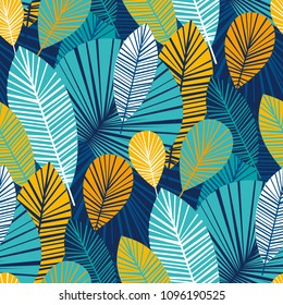 Vibrant cool leaves seamless pattern for background, wrapping paper, fabric. Modern tropical endless repeatable motif for surface design. stock vector illustration
