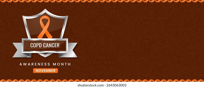 Vibrant COPD Cancer Awareness Month Banner with Orange Ribbon on Shield, Featuring Swirl Pattern Background for November Health Campaigns and Support