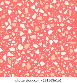 Vibrant coral background with scattered white and cream aggregate chips creates a lively modern texture. Ideal for decorative surfaces textiles and branding.