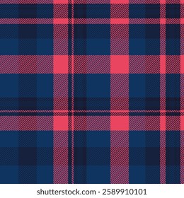 Vibrant coral and navy plaid pattern.  Perfect for textile design, fashion, home decor, or website backgrounds.  This seamless texture offers a modern yet classic feel, representing warmth and style.