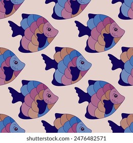 Diseño de estampado textil sin fin de peces de arrecife de coral vibrante. Patrón de animales oceánicos. Estampado de tela de moda de verano. Ilustración de vida submarina de peces de arrecife de coral. Diferentes escalas de color, cola