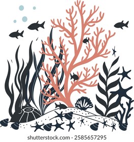 Vibrant Coral Reef Illustration with Marine Life – Underwater Vector Art