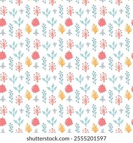 Vibrant coral reef pattern with colorful seaweed and marine life elements.