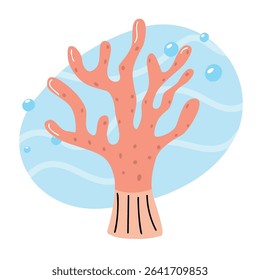 A vibrant coral reef structure in a blue ocean environment. The coral is pink with distinct branches and bubbles surrounding it, representing marine life.