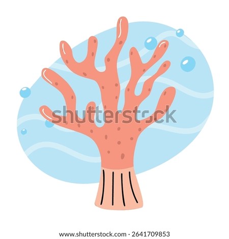A vibrant coral reef structure in a blue ocean environment. The coral is pink with distinct branches and bubbles surrounding it, representing marine life.