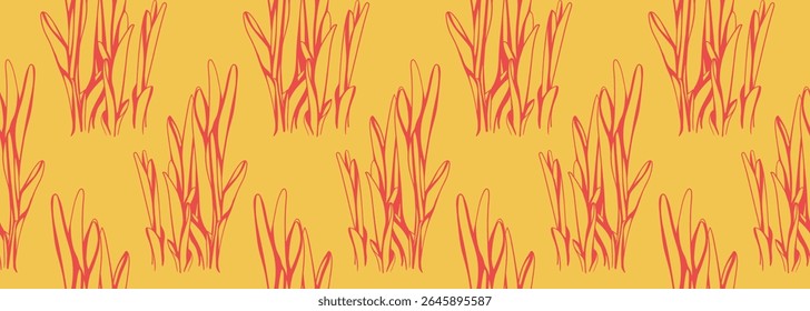 Vibrant coralred stylized grass pattern on a sunny yellow background.  Perfect for textile designs, wallpapers, branding, or any project needing a cheerful, summery feel.