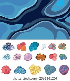 Vibrant corals beneath abstract ocean wave patterns