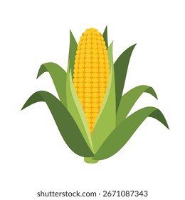 Vibrante ilustración de maíz: un gráfico limpio y moderno de una mazorca de maíz con hojas verdes. Perfecto para Diseños relacionados con los alimentos, temas agrícolas y conceptos de alimentación saludable.