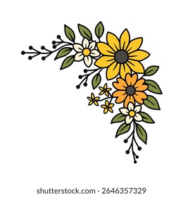 A vibrant corner design featuring sunflowers, daisies, and leaves in yellow, orange, and white against a clean white background. The illustration is detailed and colorful.