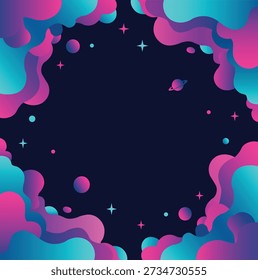Lebendiger kosmischer Rahmen mit Farbverlauf-Nebeln und Planeten