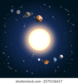 A vibrant cosmic illustration showcasing the solar system, with planets orbiting a glowing sun, surrounded by stars and a deep blue galaxy background.