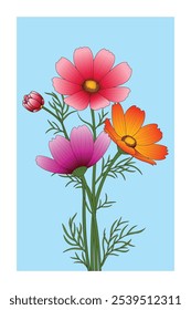 Vibrant Cosmos Flower Print, Colorful Floral Art with Green Leaves, Trendy Floral Posters, Hand drawn Botanical Illustration for Decor