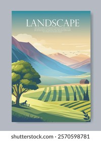 Vibrant countryside landscape with mountains, trees, fields, and a barn under a gradient sky. Modern creative design in vector style, concept of nature. Vector illustration.