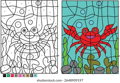 Vibrant Crab Color by Number Page and Completed Illustration for Children's Learning and Creative Play in an Underwater Scene.