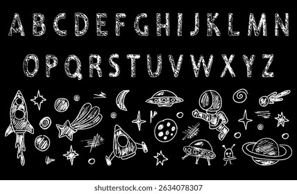 Vibrant crayon artwork showing a rocket launching among stars and planets, with crayon English font