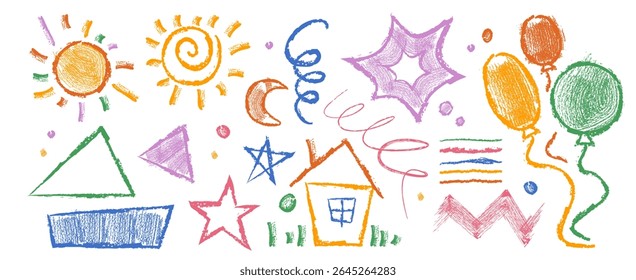 Vibrant crayon doodle artwork with childish geometric shapes and playful scribbles. Colorful hand drawn elements in sketchy style for kids creativity. Joyful abstract illustrations collection.