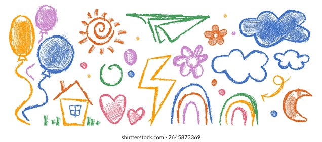 Vibrant crayon doodle artwork with childish geometric shapes and playful scribbles. Colorful hand drawn elements in sketchy style for kids creativity. Joyful abstract illustrations collection.
